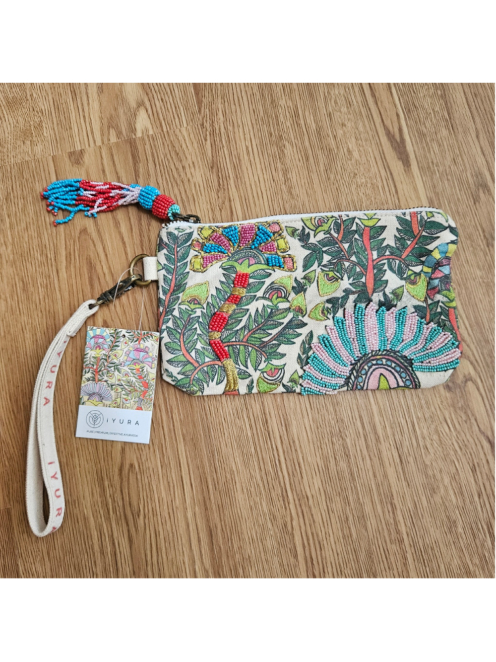 iYURA Floral Beaded Wristlet Clutch Beige Multi-color Boho